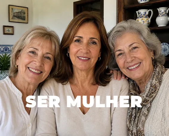 tres mulheres entre os 50 e os 75 anos. Ser mulher escrito por cima