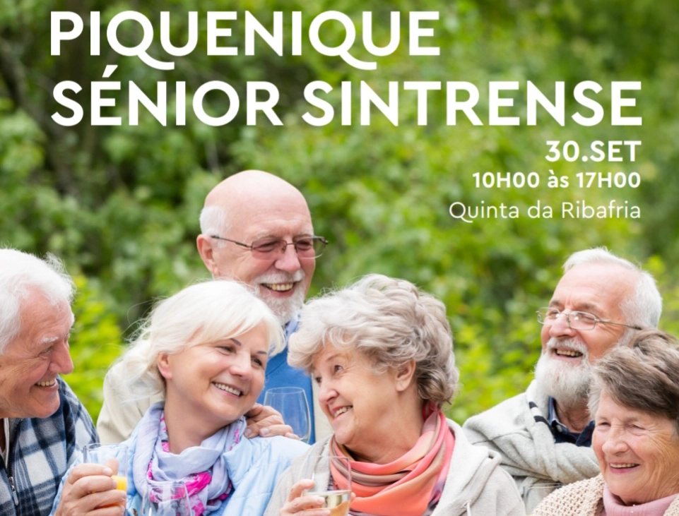 imagem publicitária para um piquenique. Ve-se um grupo de pessoas num jardim.